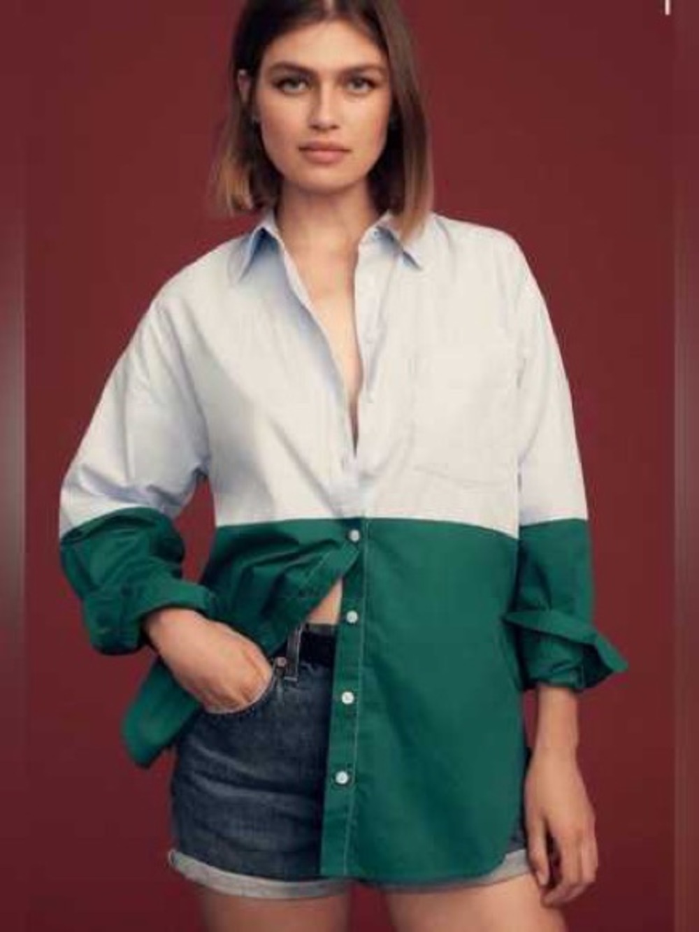 The Bennet Buttondown Shirt By Maeve: Colorblock Edition in Blue/Green